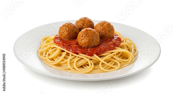 Fototapeta Spaghetti and Meatballs isolated on white background. American food