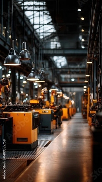 Obraz Atmospheric industrial manufacturing facility with rows of yellow machinery and hanging metal lamps in dark spacious factory with high ceiling and natural light