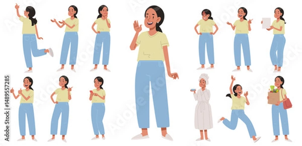 Fototapeta Set of young cheerful asian woman character in various poses and actions on white background. Vector illustration