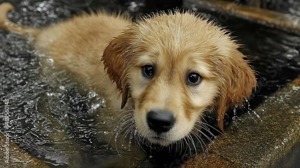 Fototapeta A young, wet, canine with fur, in water.