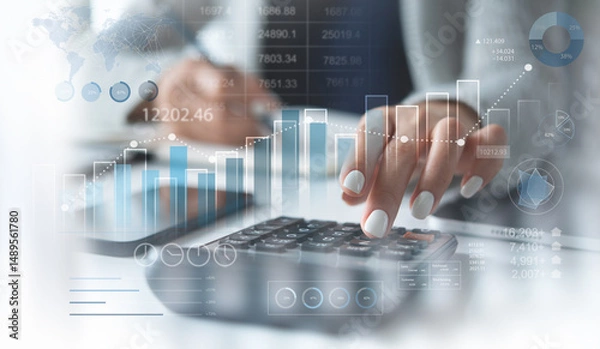 Obraz Finance, business and investment, market research and data analysis. Business woman calculating financial report, business analysis, budgeting with financial graph growth chart
