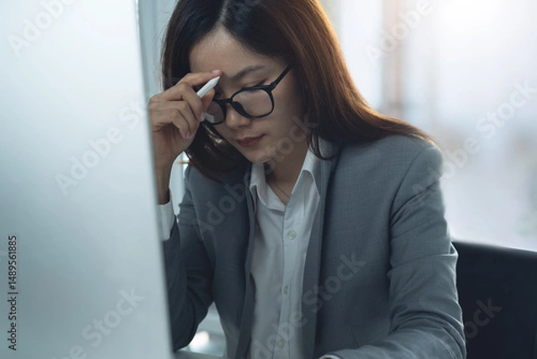 Obraz Asian business woman stressed while working on computer at office, Tired businesswomen with headaches, feel sick depressed at work, stress for contract mistake, policy fail and burnout
