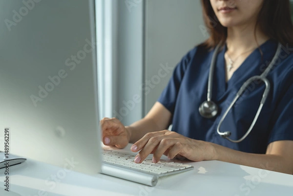 Obraz Female doctor working on laptop computer at doctor's office. writing prescripstion, recording patient's information, healthcare and medicine concept