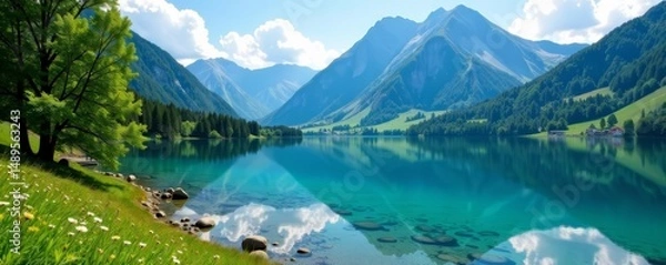 Fototapeta Scenic view of Laudachsee lake with Grünberg mountain on a sunny day, nature, travel, tranquil