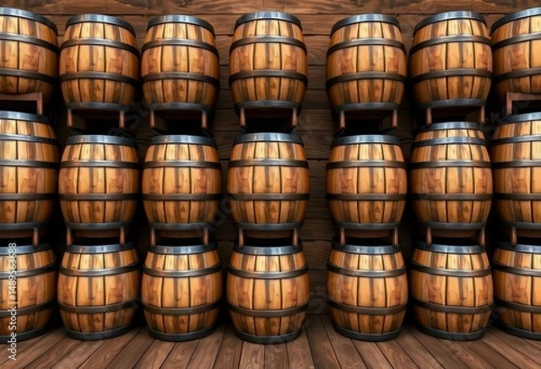 Obraz Seamless brown background featuring numerous stacked wooden drink barrels, ample empty space, rustic background, keg