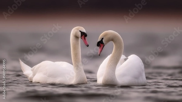 Obraz Swan couple with cygnets enjoying the afternoon.