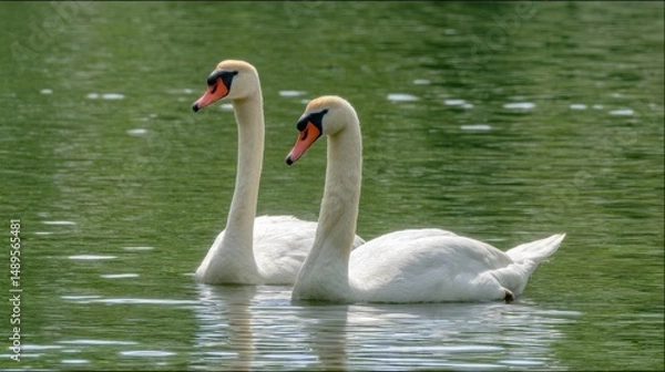 Fototapeta A close-up of two swans interacting in the water, symbolizing love and romance.