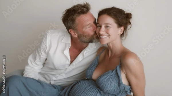 Obraz A stock photo depicting a man kissing the tummy of his pregnant wife. The image conveys feelings of love,care and protection towards the mother and the unborn child.