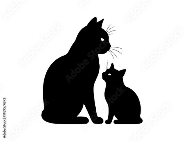 Fototapeta A clean black silhouette of a sitting cats and his baby, minimalistic style, centered on a pure white background