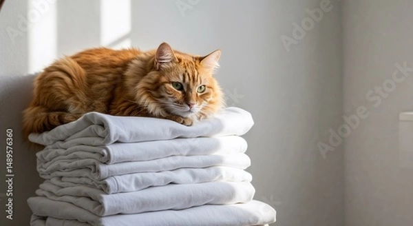 Obraz A ginger tabby cat rests on a stack of clean white towels in a sunny room