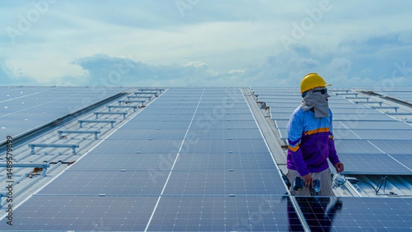 Fototapeta Engineer Performing Solar Panel Installation on Commercial Roof