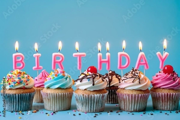 Fototapeta Delicious cupcakes with colorful frosting and pink birthday candles, creative photography style, set against a vibrant blue background, concept of celebration. Ai generative