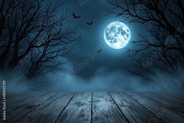 Fototapeta Spooky full moon night with flying bats and dead trees in foggy forest, seen from wooden platform, creative background for Halloween. Ai generative