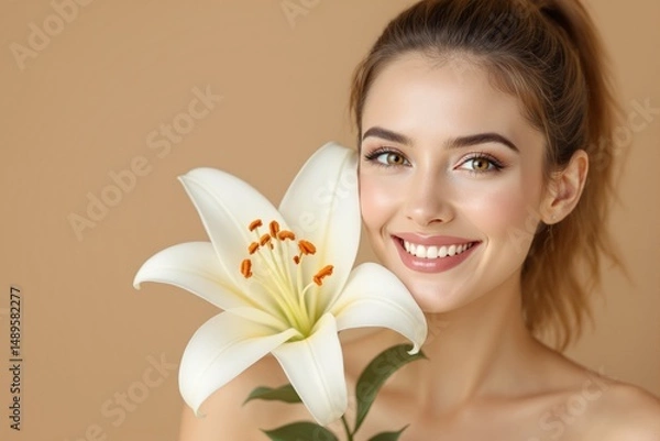 Fototapeta Beautiful woman with flawless skin and white lily flower, creative beauty portrait style, soft beige background. Concept of skincare and elegance. Ai generative