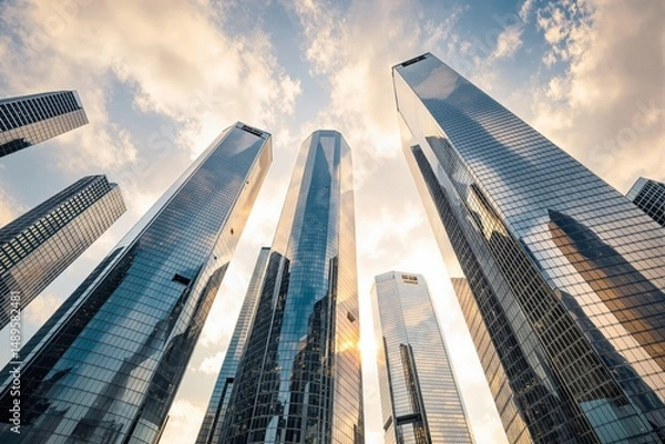 Fototapeta Tall glass skyscrapers reflecting sky and clouds, creative modern architecture, golden hour light, cityscape background concept. Ai generative