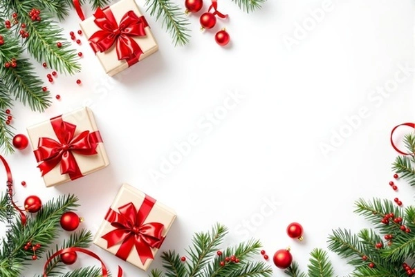 Fototapeta Beige gift boxes with red ribbons, pine branches, and red ornaments arranged on a white background. Creative holiday celebration background. Ai generative
