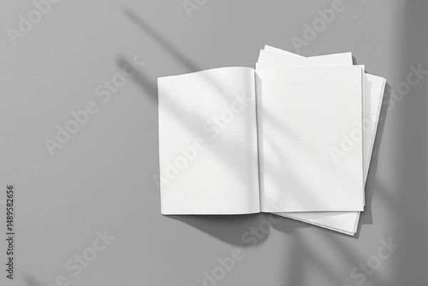 Fototapeta Open white book with layered blank pages lying on a neutral gray background, soft natural shadows, creative concept for branding or design templates. Ai generative