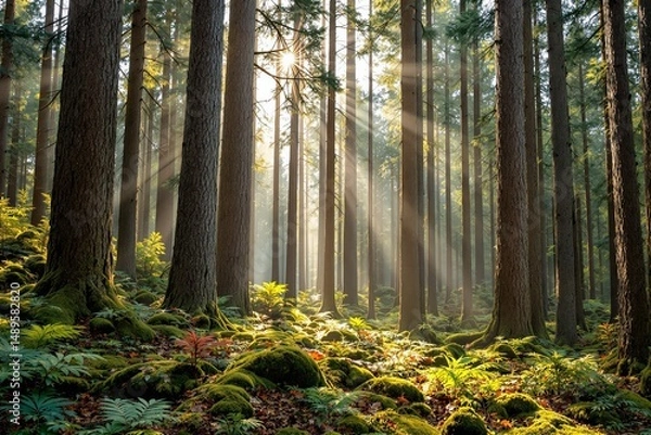 Fototapeta Tall pine trees in a vibrant forest with sunbeams shining through, lush moss and ferns cover the forest floor, natural landscape background. Ai generative