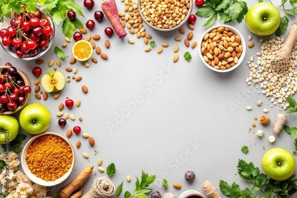 Fototapeta Healthy food ingredients with apples, cherries, grains, herbs, and spices arranged in a creative flat lay style on a light grey background. Ai generative