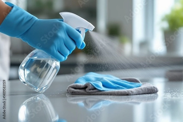 Fototapeta Hand wearing blue glove spraying liquid from bottle onto microfiber cloth on clean kitchen surface, soft focus bright background, hygiene concept. Ai generative