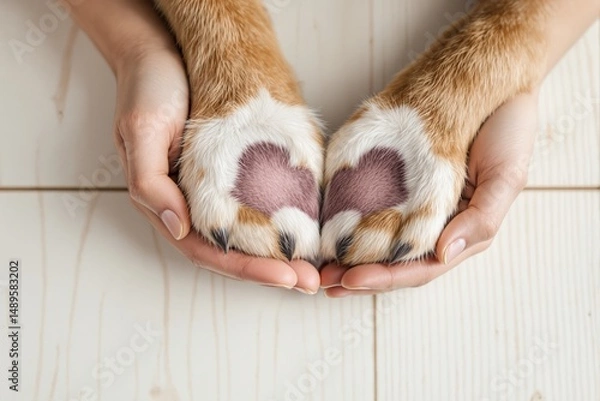 Fototapeta Close-up of hands holding dog paws with heart-shaped fur patterns, realistic style on light wooden background, concept of love and animal care. Ai generative