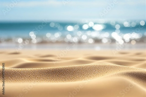 Fototapeta Close-up of smooth golden sand with sparkling sea bokeh in background, creative soft focus style on a blurred ocean beach background. Ai generative