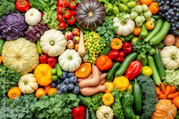 Fototapeta Assorted fresh vegetables and fruits arranged artistically, creative colorful style, top view background, concept of organic nutrition and healthy eating, Ai generative