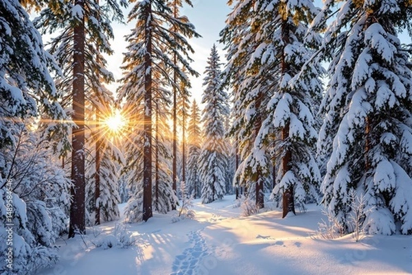 Fototapeta Snow-covered pine forest with sunlight filtering through trees, creative style on a natural outdoor background, concept of winter serenity. Ai generative