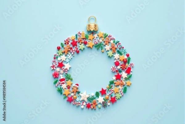 Fototapeta Christmas wreath made of festive cookies, stars, and candy canes in a playful graphic style on a pastel blue background. Concept of holiday celebration. Ai generative