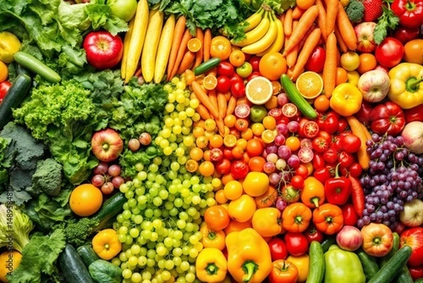 Fototapeta Assorted fresh fruits and vegetables in rainbow color order on a vibrant creative background, symbolizing healthy eating and nutrition concept. Ai generative