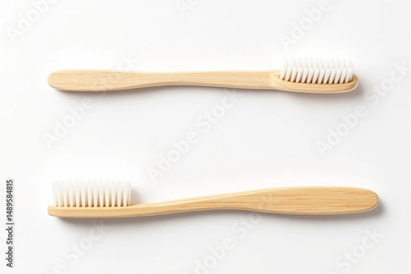 Fototapeta Two bamboo toothbrushes with white bristles displayed on a white background, minimal style, eco-friendly hygiene concept. Ai generative