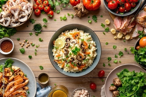 Fototapeta Flat lay of rice with mushrooms, vegetables, meat, and herbs arranged on a rustic wooden background, showcasing creative culinary preparation. Ai generative