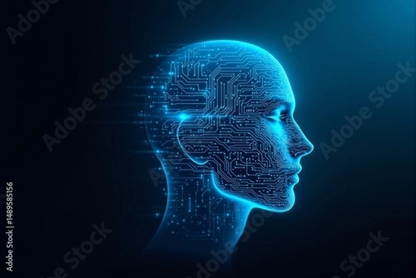 Fototapeta Glowing digital human head profile with circuit board pattern, creative neon style on dark blue background, concept of artificial intelligence. Ai generative