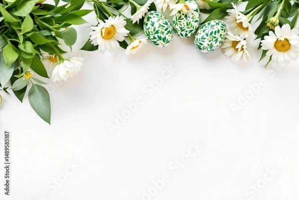 Fototapeta Easter eggs with green foliage motifs and white daisies on top, artistic style, on white background. Concept of springtime, Easter celebration. Ai generative