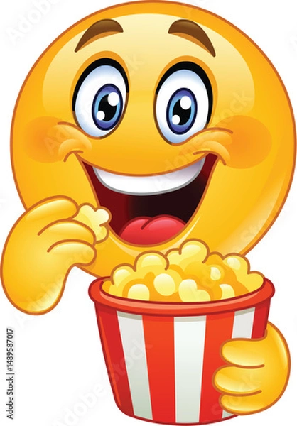 Fototapeta Happy Emoji Emoticon Eating Popcorn From a Striped Red and White Bucket