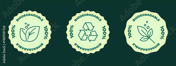 Fototapeta Set of three round biodegradable icons in green and yellow. Vector stamps for eco-friendly packaging and plastic-free compostable materials.