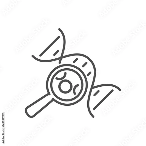 Fototapeta Vector line icon shows a magnifier over a DNA helix. This graphic represents genetic research and analysis of its molecular makeup.