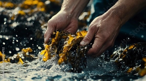Fototapeta Hands sorting seaweed on the shore