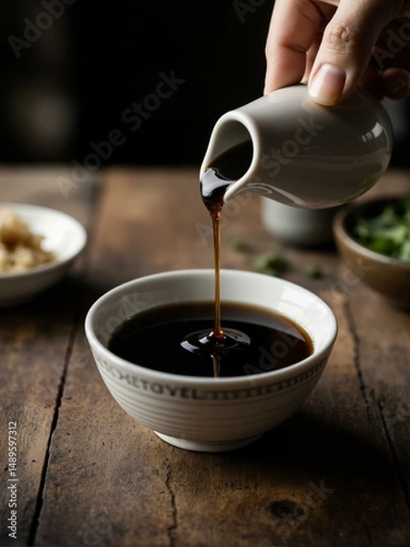 Fototapeta Pouring soy sauce into white bowl.