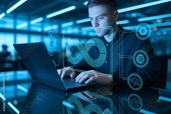 Fototapeta Developer Typing with Holographic DevOps Infinity Loop in Futuristic Office Setting