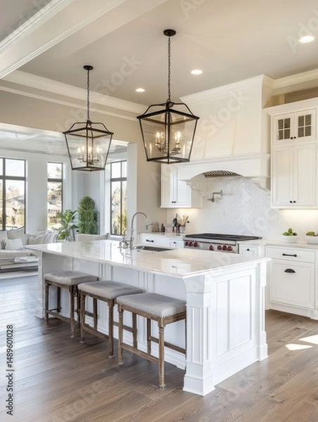 Fototapeta A modern kitchen showcases elegant chandeliers in a bright interior