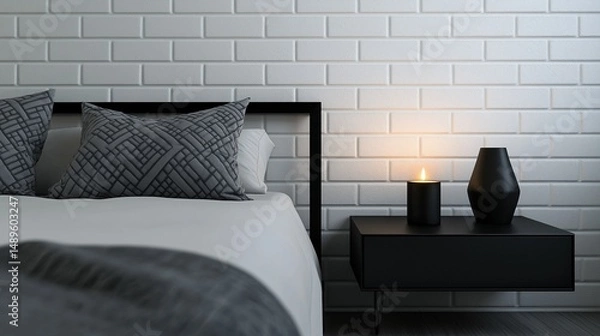 Fototapeta A sleek and minimal bedroom design with white brick walls, offering a modern, serene atmosphere. The black steel-framed bed is partially visible with neatly arranged gray geometric pillows. 