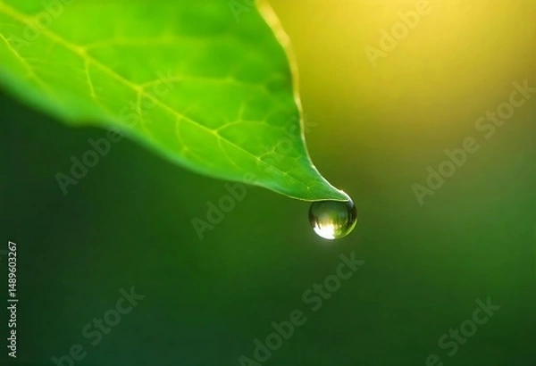Obraz Generative AI: Dewdrop Reflecting Verdant Leaf Details in Morning Sunlight
