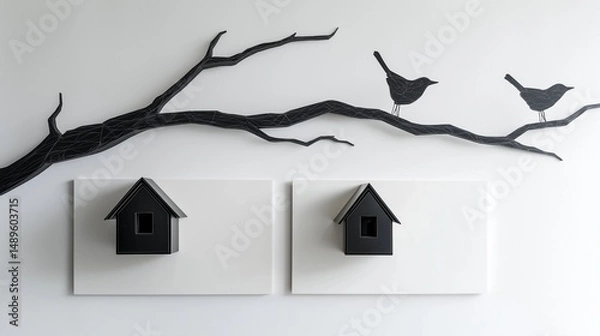 Fototapeta A sleek black Formica-made branch extending symmetrically on both sides of a modern white switchboard, with two artificial Formica birdhouses hanging beneath. 