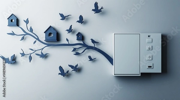 Fototapeta A soft pastel blue Formica-made branch, stretching across a light gray wall, surrounding a sleek white switchboard. 