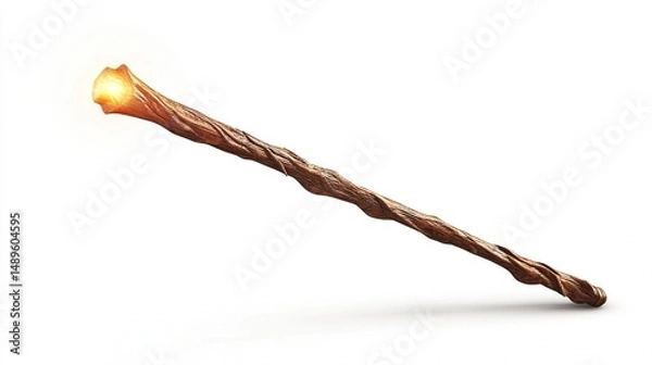 Fototapeta A wooden magic wand glows with an orange-yellow light at its top.  The wand is long and has a twisted, gnarled texture