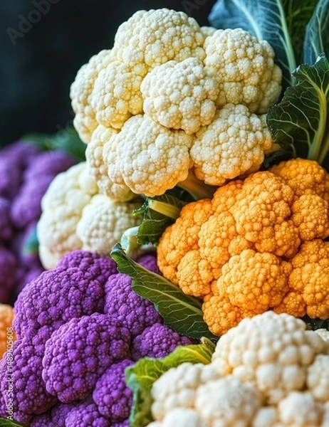 Fototapeta Close-up of colorful cauliflower heads in white, orange, and purple with green leaves, showcasing fresh vegetables with vibrant textures