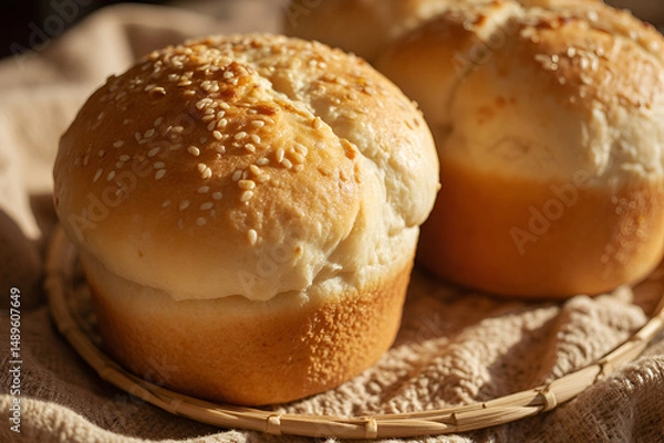 Obraz Freshly Baked Sesame Bread Buns in a Basket with Natural Lighting

