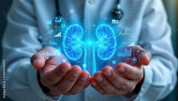 Obraz Doctor Holding Digital Kidney Visualization with Health Data Charts