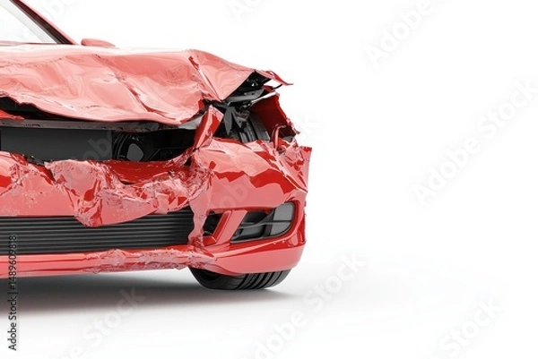 Fototapeta Red Car with Significant Damage from Collision on White Background
